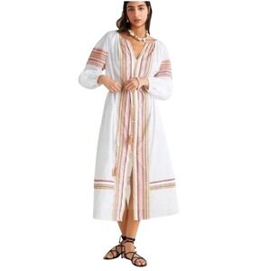 ZARA Embroidery White Cotton Midi Dress Boho Tassel Belted Bloggers Fav (Size L)